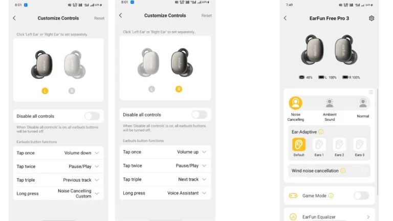 EarFun Free Pro 3 touch controls and customization
